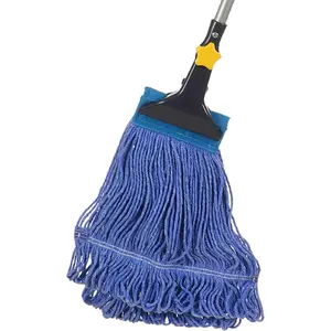 Looped-End String Wet Mop Heavy Duty Cotton Commercial Industrial Grade Mop with 55.1 Inch Telescopic Iron Pole Jaw Clamp for Floor Cleaning