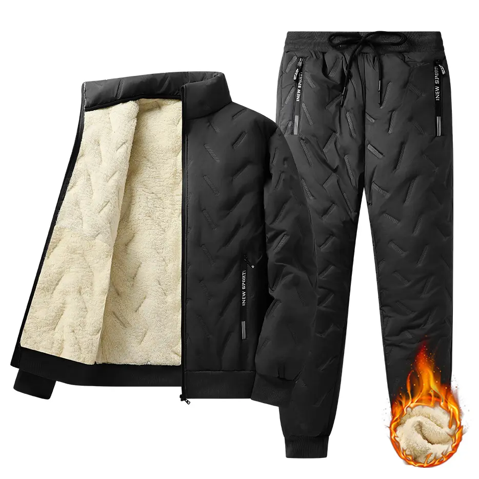 Men's Casual Set for Autumn and Winter, Stand Collar Long Sleeve Jacket and Pants Set, Men's Winter Jacket with Fleece Lining, Polyester Fabric, Hooded Casual Set with Pockets Clothes Menswear Beige