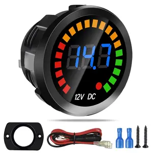 car stuffWaterproof DC 12V Voltage Meter, LED Digital Display Voltmeter Gauge Panel, Round Battery Monitor with Mounting Plate & Wires & Terminals, for Mar