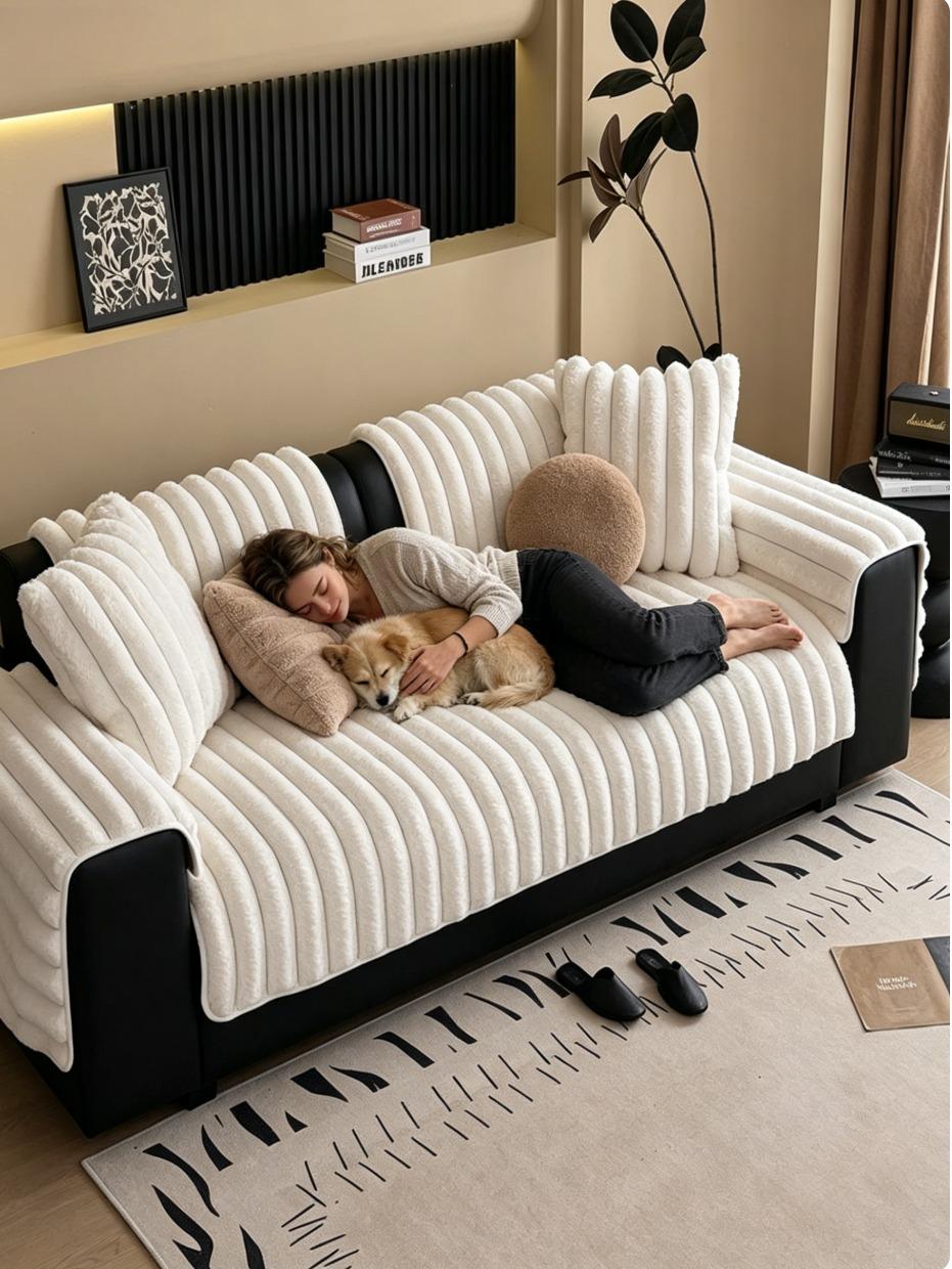 Cloud-Like Cream Ribbed Faux Fur Sofa Cover | Ultra-Soft Striped Couch Protector