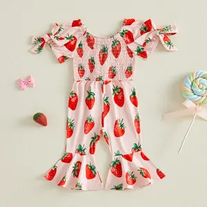 Toddler Baby Girls Strawberry Romper Fashionable Cute Short Sleeve Smocked Bell Bottom Jumpsuits