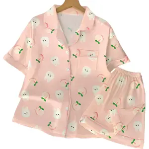 Summer Ladies New Ice Silk Peach Bunny Sweet Cartoon Pajamas Girls Net Red Cardigan Homewear Short-Sleeved Two-Piece Set HTKW