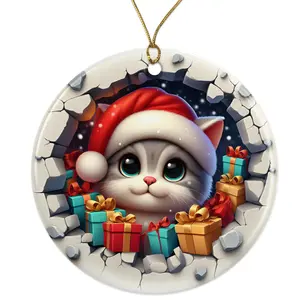Cute Kitty Cat Illustration Cartoon Ceramic Ornament - Breakthrough 3D Effect Burst Illusion Kids Ornament - 3 Inch Christmas Tree Round Ornament - Xmas Holiday Decor - String Included - ORNW0108