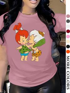 women's cartoon print round neck tee, fashion casual short sleeve funny graphic t-shirt for daily wear, ladies summer clothes, vintage 90s graphic tees, shortsleeve womenswear, tshirt