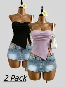Summer Beach Vacation Party Street Style Trendy Shoulderless Sleeveless Crop Top 2-Piece Set, Casual Summer for Women