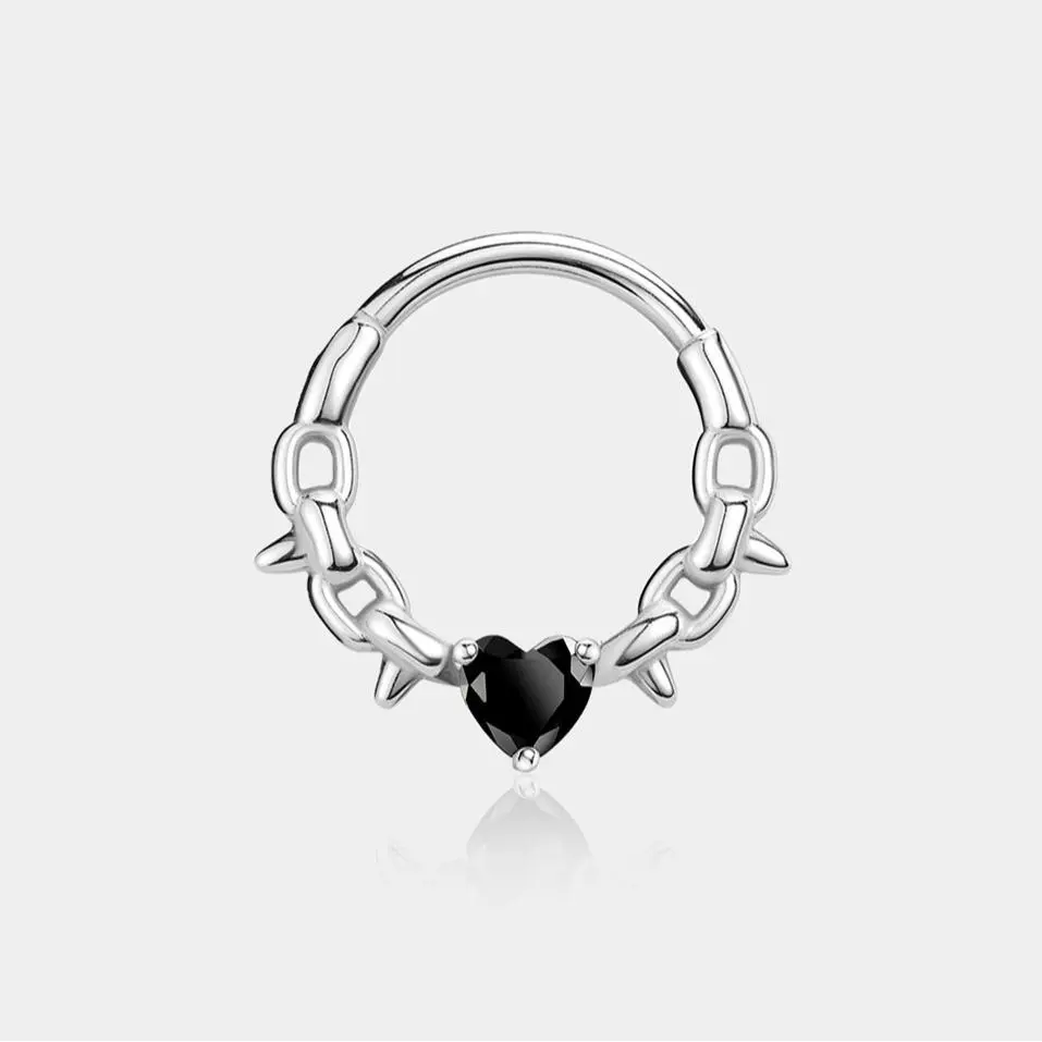Oufer Chain with Black CZ Heart Hinged Segment Clicker Septum Ring
