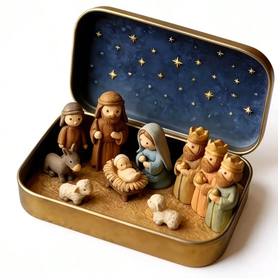 Handmade Miniature Christmas Nativity Scene Set, Portable Pocket-Sized Resin/fabric Figurines in Boxes, Includes Mary, Jesus, Shepherds, Animals, Perfect for Christmas Decorations, Festive Decoration