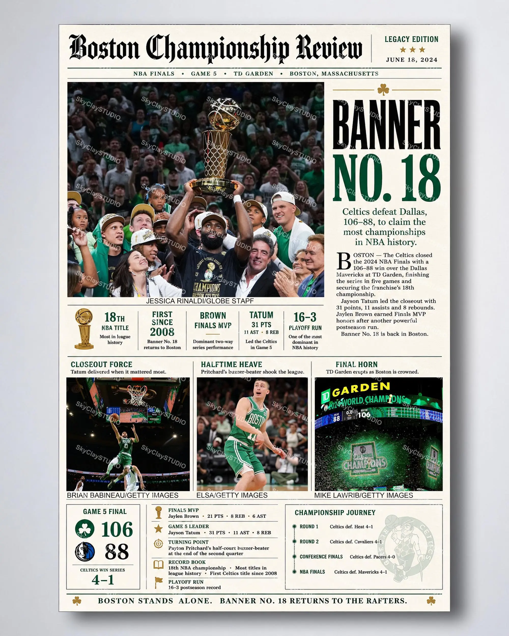 Boston Celtics Banner No 18 Poster, 2024 NBA Champions Poster Wall Art, Jaylen Brown Tatum Finals Sports Print Gift( Unframed - Print Only )