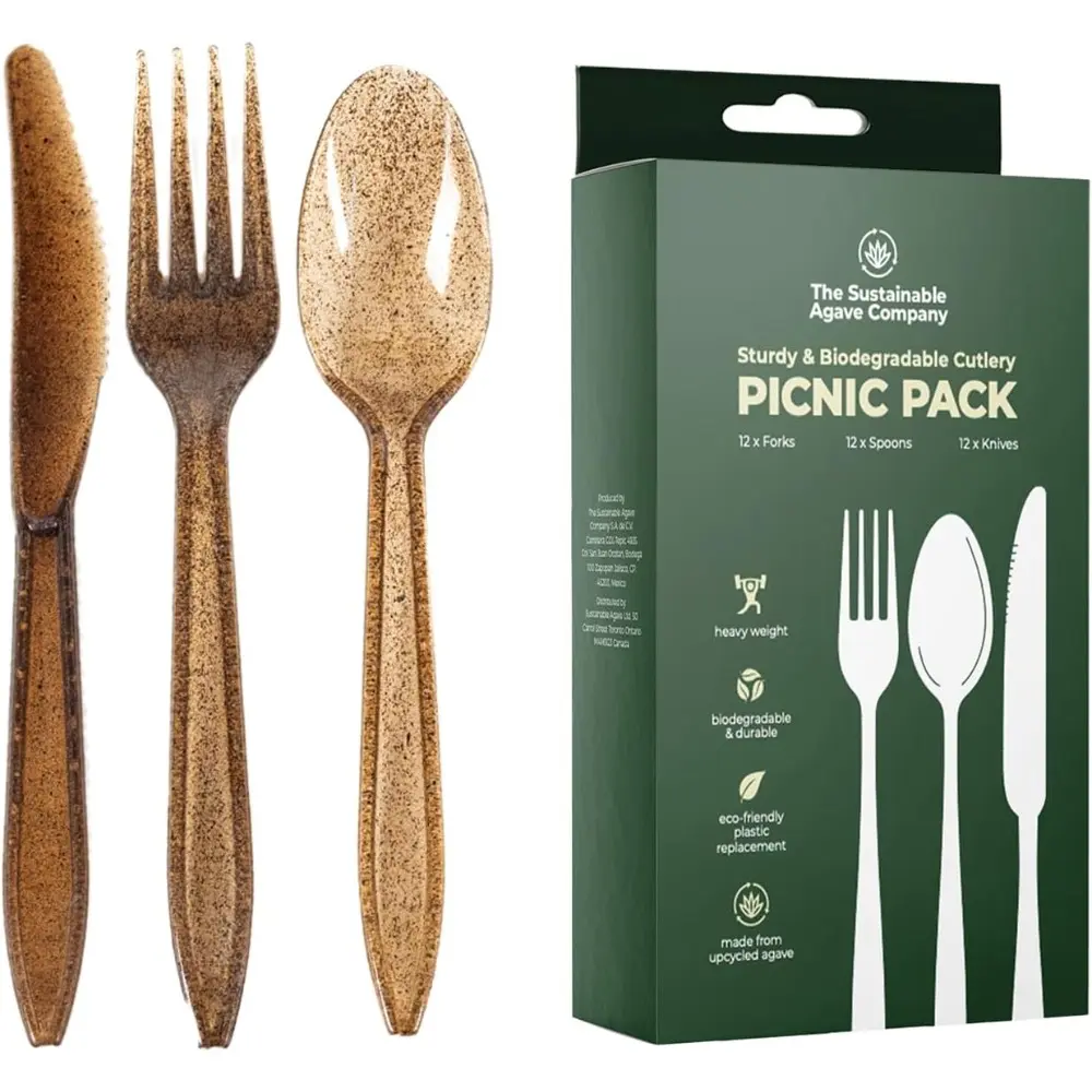 Disposable Agave Fiber Cutlery Set - 12 Sets/36 Pieces Bulk Brown Tableware Variety Pack, Biodegradable, Plant-Based, Upcycled Materials Forks Knives Spoons