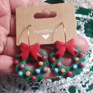 Christmas Wreath Dangle Earrings-Handmade Polymer Clay