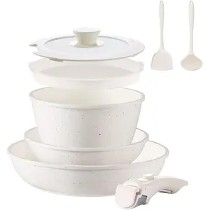 8 count Ceramic Pots and Pans Set, Non Stick Cookware Set, Detachable Handle Cookware, Induction Kitchen Cooking Set with Removable Handle,Oven Safe, Induction , Stackable Cookware Set