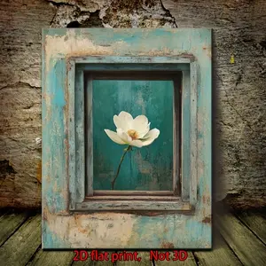 1 Piece Framed Canvas Wall Art - Teal Floral Painting with Rustic Pine Wood Frame, Turquoise Blue Background Floral Decoration, 11.75x 15.7inch (29.97x 39.88cm ), Suitable for Living Room, Cafe - Modern Farmhouse Home Decor, Modern Floral Paintings