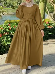 Women's Casual Long Dress, Lantern Sleeves with Belt, Loose Fit A-Line Design, Long Sleeve Plain Dress for Daily Wear, Muslim Dresses