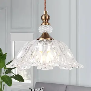 Vintage Chandelier Light Fixtures with Crystal Glass Shade,Matte Brass Finish Pendant Light for Kitchen Island, Hanging Light Fixture for Dining Room, Hallway, Living Room, Bedroom