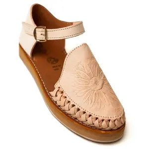 Women's Handmade Leather Sandals - Natural Color - Sunflower Embossed Design - Mexican Artisan Shoes for Casual Summer Wear