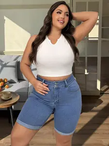 Women's New Plain Fashion Rolled Hem Denim Shorts, Casual Large Size Jeans, Trendy Simple Design, Perfect for Daily Wear