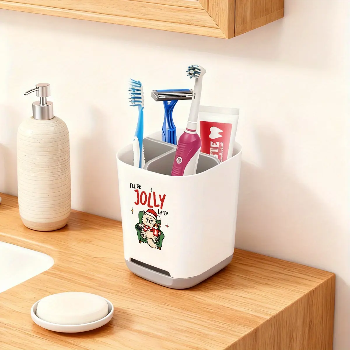 1pc 3 Slot White Plastic Draining Toothbrush Holder with Dividers and Anti Slip Base Christmas kitty Illustration Countertop Organizer for Electric Toothbrush Toothpaste Razor Durable Bathroom Storage Lightweight Solution Toothbrush Holder