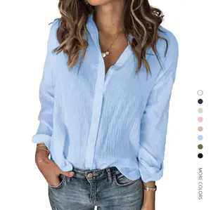 Women's Cotton Linen Long-Sleeve Button-Down Blouse - Loose-Fitting Striped V-Neck Top with Basic Cuffs, Casual Boho Elegant Women's Shirts