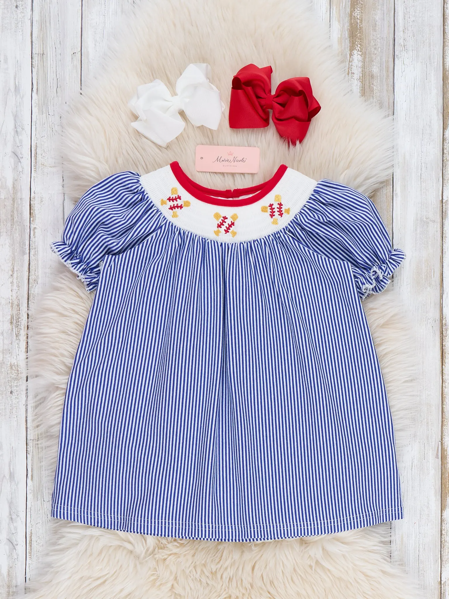 Baseball Charm Smocked Cotton Ruffle Dress