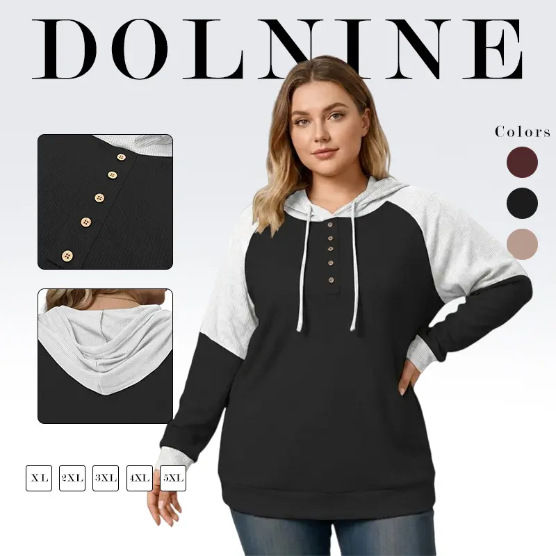 Plus-Size-Hoodies for Women Trendy Color Block Tops Raglan Long Sleeve Drawstring Button Hooded Waffle Sweatshirts VPS0228