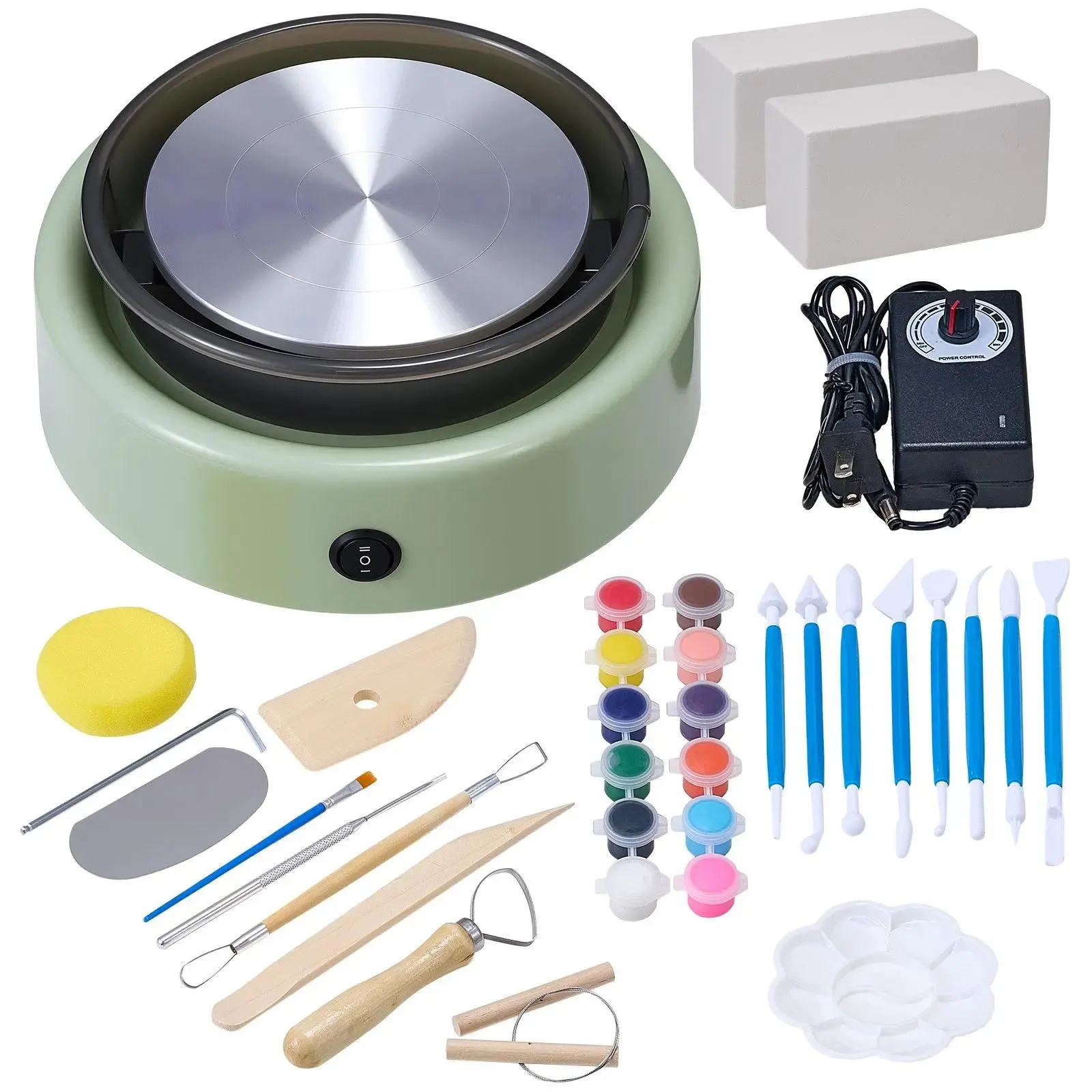 【DealsForYouDays】VEVOR Father's Day Gift Mini Pottery Wheel Art Kit, 6-in Turntable, Forward-Reverse Rotation, Adjustable Speed, Electric Clay Wheel with Shaping Tools for Kids, Green Home Handicraft