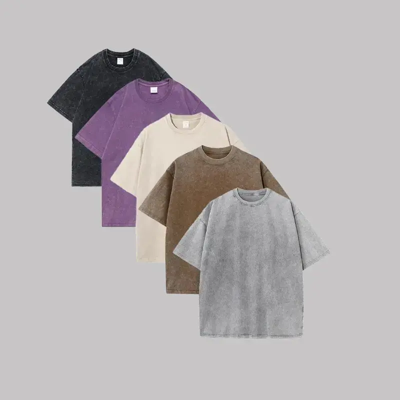 5PCS American Style Retro Heavyweight Solid Color Short Sleeved T-shirt Men Women Summer Street Trendy Washed Old Oversized Clothes