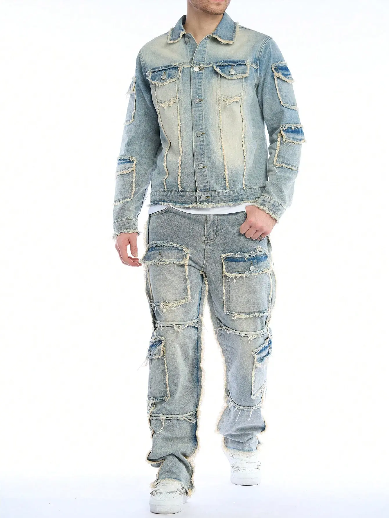 Men’s Light Blue Washed Cotton Mix 2-Piece Denim Set - Buttons Frayed Trim Patchwork Jacket + Multiple Pockets Cargo Jeans, Y2K Hip Hop Streetwear Outfits For Daily Wear
