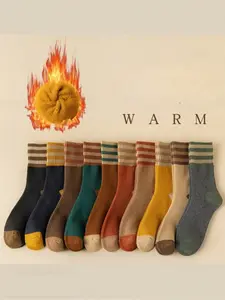 10 Colors & 10 Pairs of Striped Casual Socks for Men & Women, Thick Winter Warmth, Anti-Freeze Design, Ideal for Cold Weather Comfort