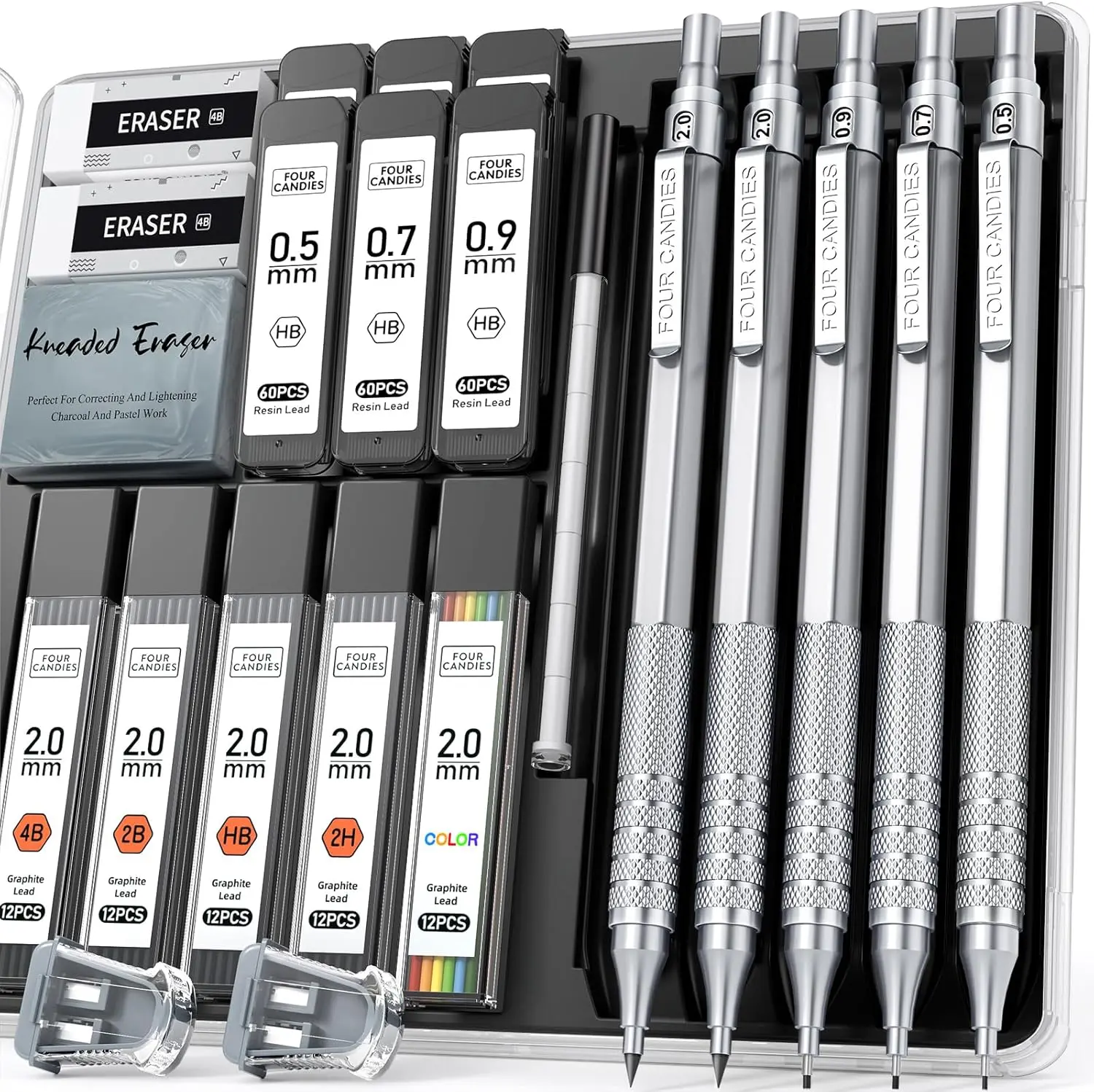 Four Candies Metal Mechanical Pencil Set, 3PCS Art Drafting Pencils 0.5, 0.7, 0.9MM & 2PCS 2MM Mechanical Drawing Pencils with 420PCS Leads (4B 2B HB 2H Color) for Writing Sketching Drawing