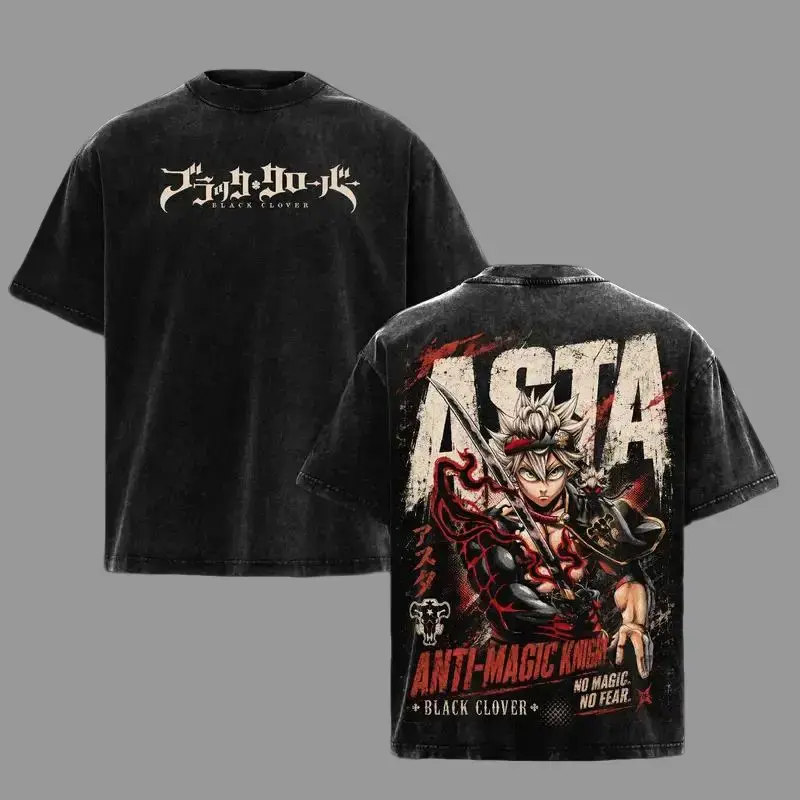 Men's Short-Sleeve Black Clover Asta Anti-Magic Black Bulls Vintage Washed Oversized Anime Graphic T-Shirt, Unisex Streetwear Apparel Tops,trendy t-shirt,grunge streetwear,outdoor everyday wear