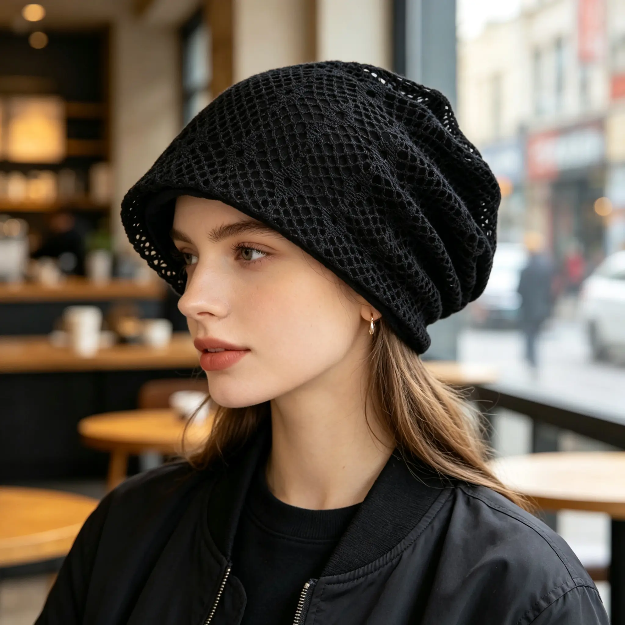 Women’s Crochet Mesh Slouch Beanie - Soft Airy Knitted Hat with Mesh Pattern, Casual Minimalist Vintage Korean Fashion Cap for Adult Everyday Sports & Outdoor Wear, Adults