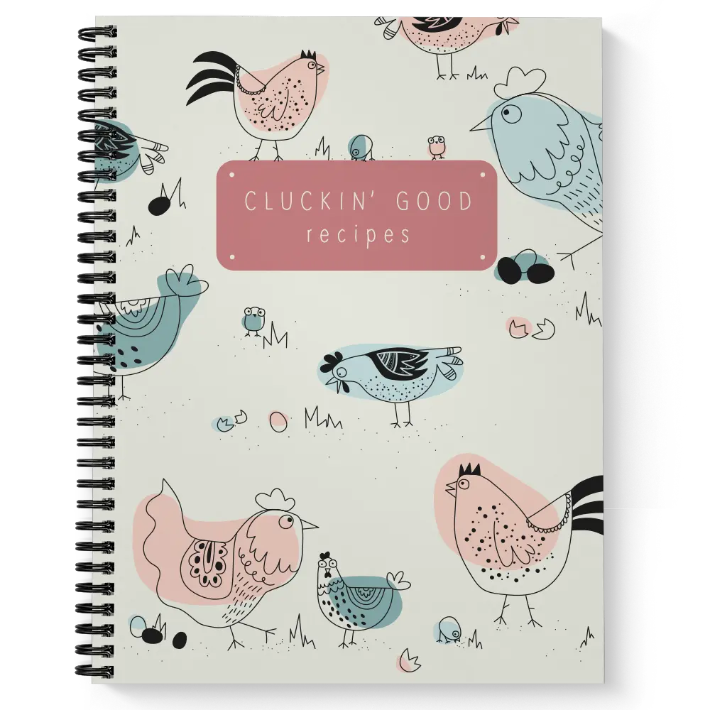 Softcover Cluckin Good Recipes 8.5" x 11" Spiral Notebook, 120 Recipe Pages, Gloss Laminated Cover, Black Wire-o Spiral.  Made in the USA