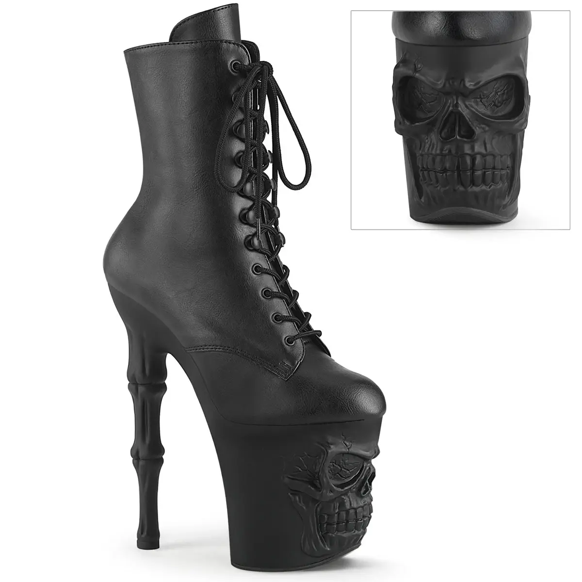 Women's Gothic Stiletto Ankle Boots with 4-Inch Skull Platform and 8-Inch Finger Bone Heel in Black PU Faux Leather, Boot, Footwear, Zip, Ankle Length, Pu Synthetic, Decorative, 8 In, Nightlife Wear