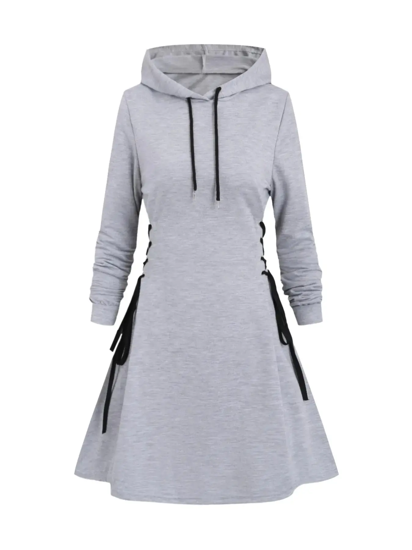 Women's Solid Color Lace Up Drawstring Hooded Dress, Casual Grommet Eyelet Long Sleeve A Line Dress for Fall & Winter, Women's Clothing for Daily Wear