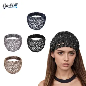 Women's Elegant Lace Floral Rhinestone Beaded Wide Headbands | HairTok CoquetteTok VintageTok OldMoneyAesthetic Non Slip Elastic Back Head Wraps | Fashion Hair Accessories for Daily Party Wedding Bridal Bridesmaid Outfits