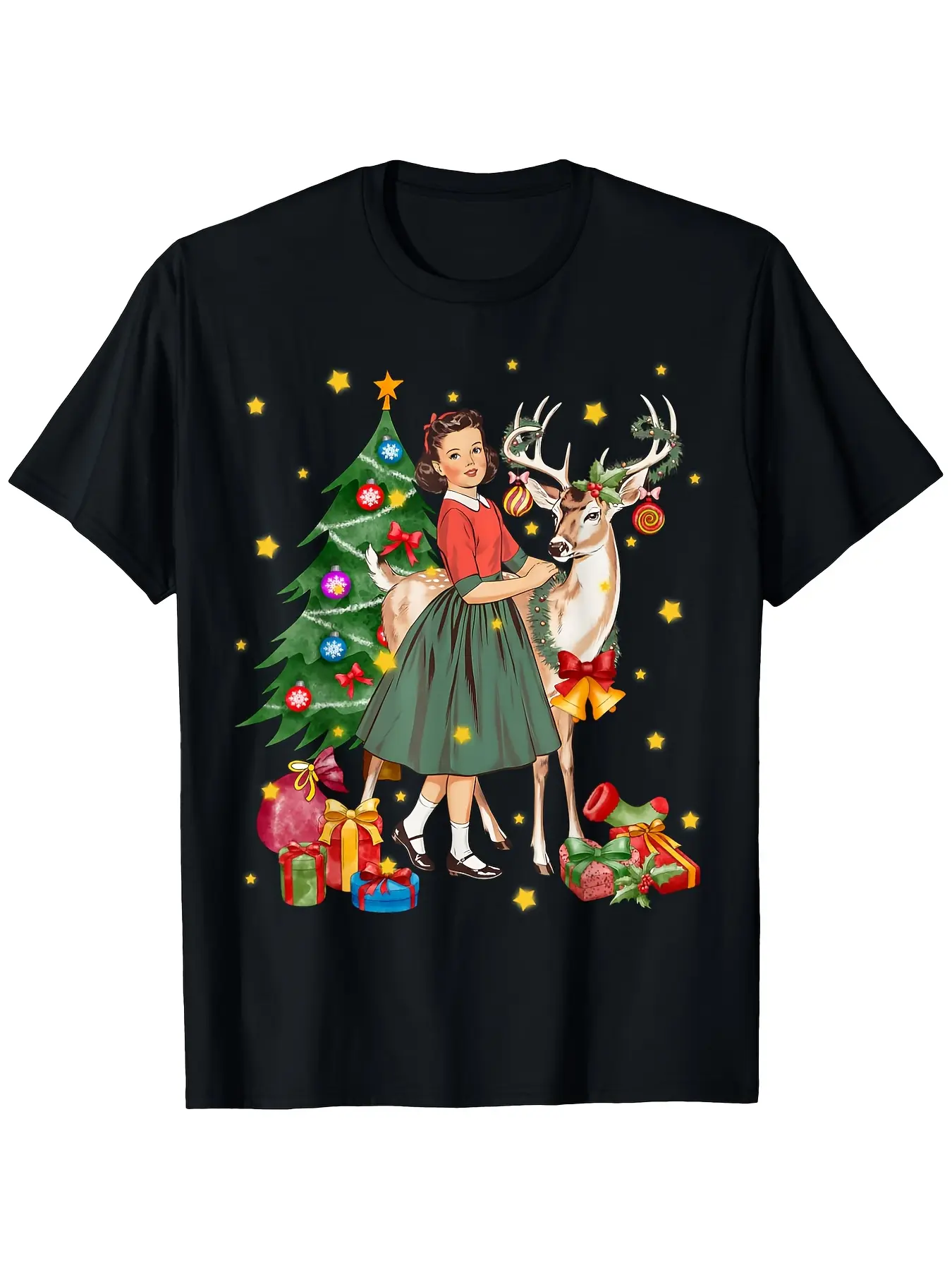 Retro 1950s Christmas Girl and Reindeer Print T-Sh unisex soft cotton short sleeve t shirt, vintage graphic casual tee for men women teens, perfect birthday holiday gift for camping travel gym daily street  wear