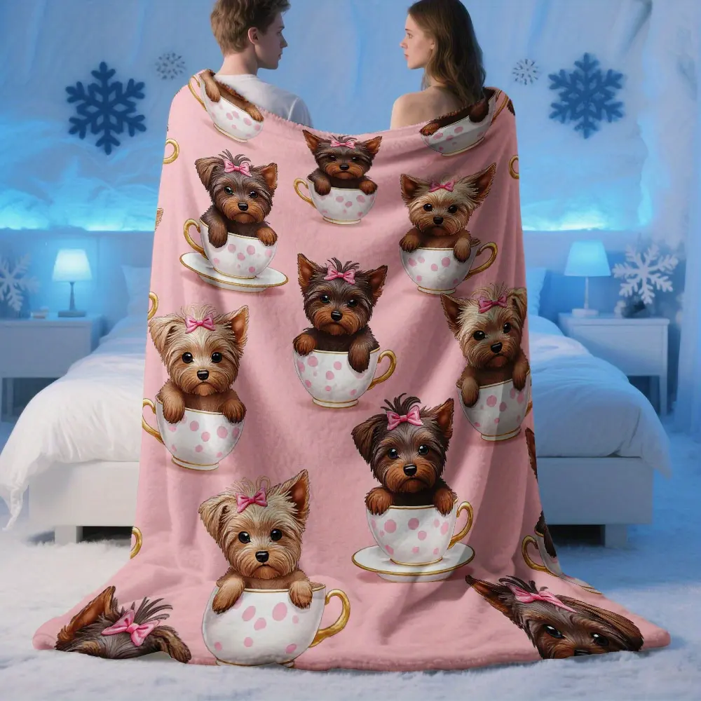 Yorkshire Terrier Puppy Blanket, Soft Flannel Throw Blanket with Cute Yorkie Dog in Teacup Print, Cozy Gift for Women Girls Kids Teens Dog Moms and Pet Lovers, Pink Puppy Blanket for Bed Couch Sofa Dorm