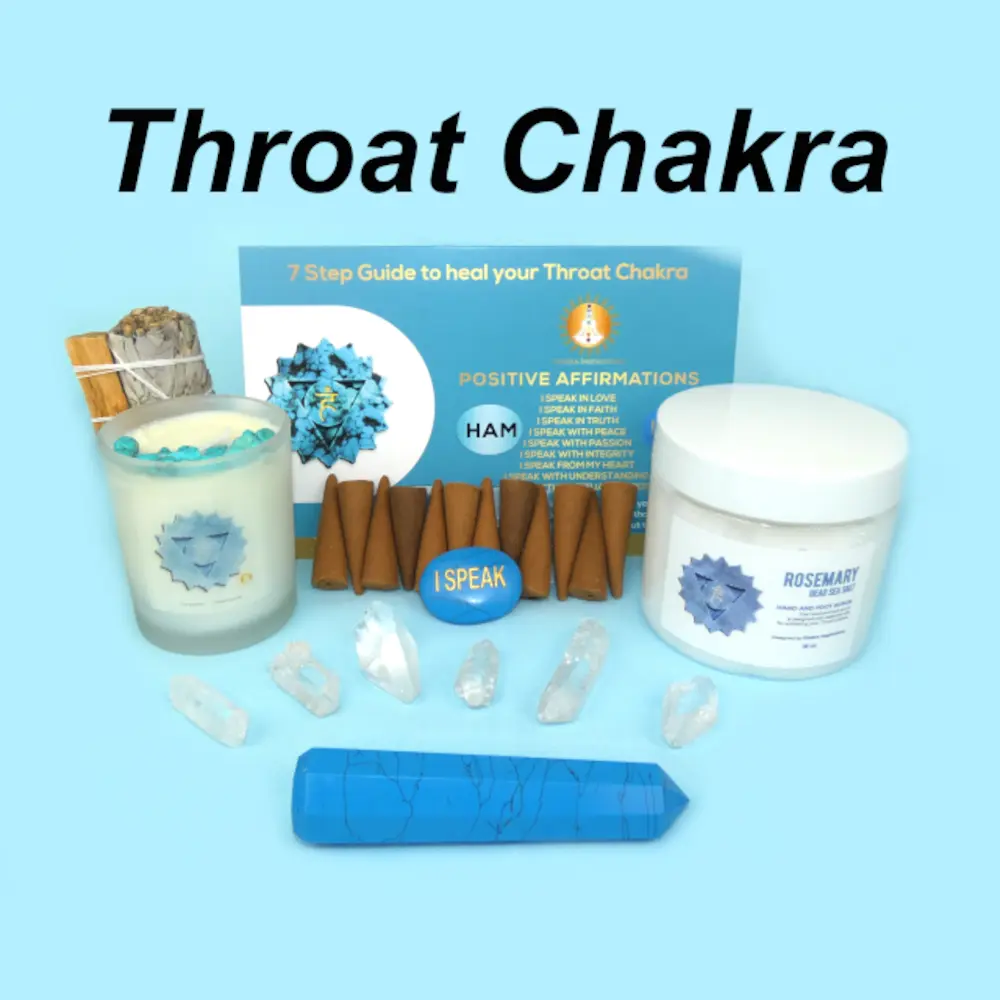 Throat Chakra Healing Kit - Chakra: Crystals, Aromatherapy, Healing Guide, Prayers, Mudras, Meditation, Chakra for beginners