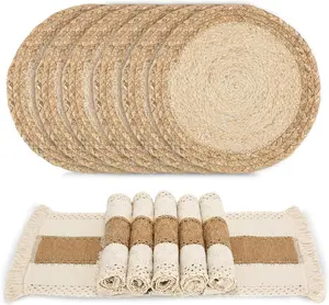 Set of 6 Handmade Boho Placemats - Natural Cotton Burlap and Water Straw Woven Combination Table Mats, Macrame Farmhouse Style Decor Placemats for Dining Table Kitchen