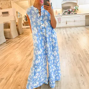 Pink Floral Print Half Button Wide Leg Relaxed Sleeveless Jumpsuit