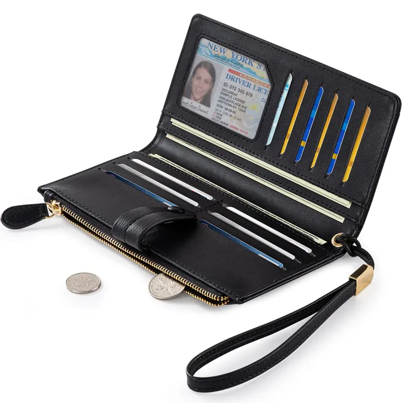 VTLASK Women's Vintage Slim Artificial Leather Card Slot Wallet - RFID Block, Zipper Card Holder, Snap-Zip Closure, Anti-Theft Pockets, Daily Wallet Chain, Chic Look Everyday Carry Clutch for Birthdays