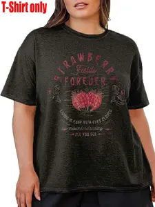 [Plus Size] Strawberry & Letter Print Drop Shoulder Tee, Casual Streetwear Short Sleeve Round Neck T-shirt for Daily Wear, Women Clothing for All Seasons, Womenswear