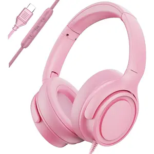 P-HPS019   Wired Over-Ear Headphones with USB C Connector, Hi-Fi Stereo Sound, Noise-Isolating Ear Cups, Comfortable Fit for USB C Devices (No Bag, Pink)