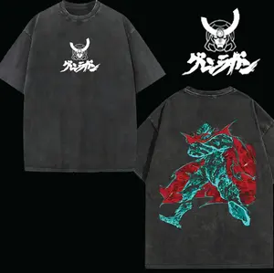 valentine shirts Tengen Toppa Gurren Lagann “Spiral Overdrive Protocol” Oversized Tee – Acid Washed Lightweight Cotton, Crimson Skull Crest Front & Kamina Requiem Back Graphic, Retro Mecha Streetwear for Lorecore Fans & Dai-Gurren Believers Clothes