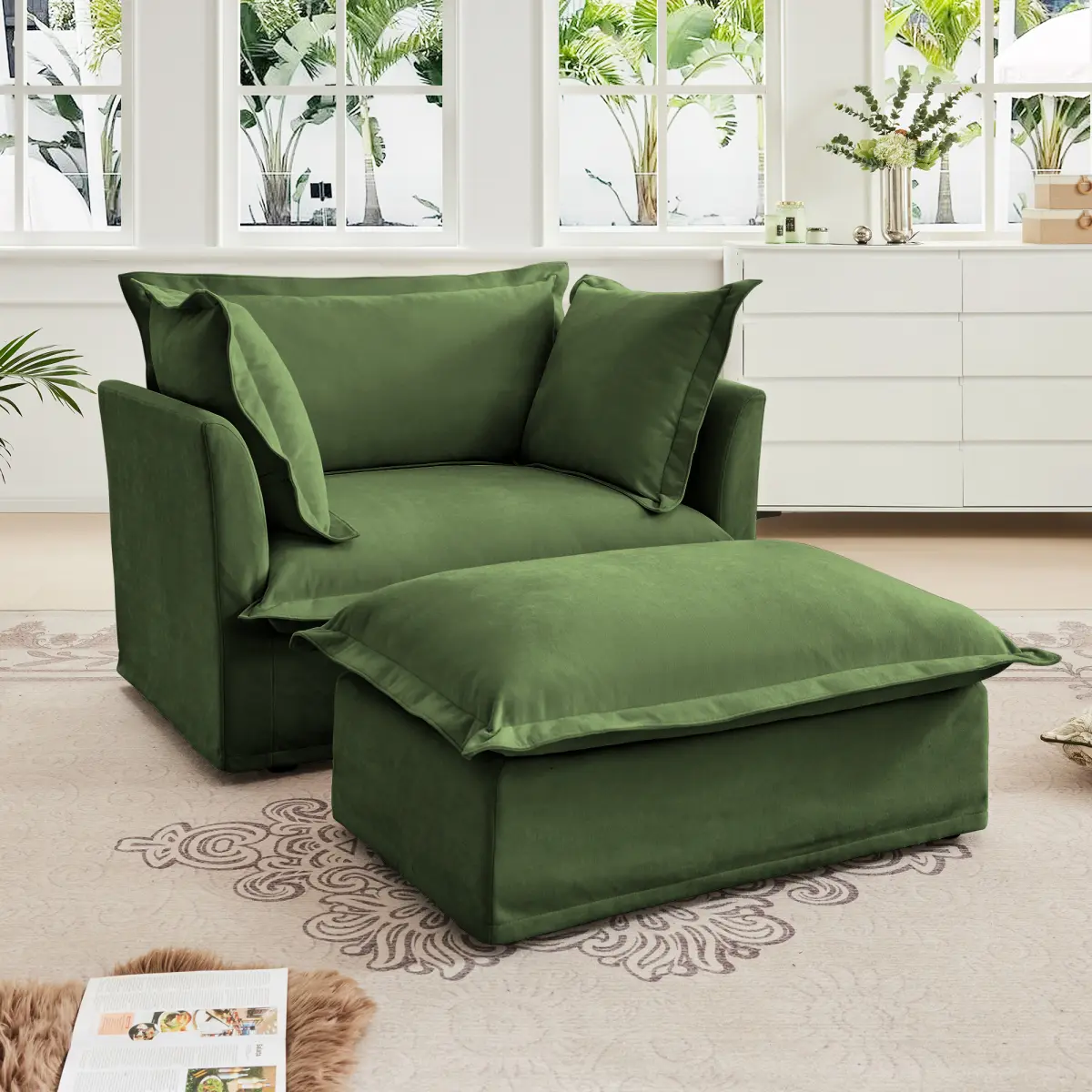 Modern Single Sofa Chair with Ottoman, 49" Slipcovered Armchair Oversized Upholstered Accent Chair, Comfy Cloud Deep Seat Sofa with 2 Throw Pillows for Living Room Apartment, Chenille