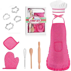 Kids Baking Sets for Girls ,Chef Costume Kids and Ttoddler Apron for Girls，Kids Chef hat and Apron，Popular Gifts for 2-8 Year Old ，Stocking Stuffers