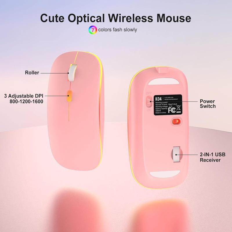 Pink Light Up Keyboard and Mouse Wireless,Cute 2.4Ghz Cordless Rechargeable Transparent Backlit Keyboard,15 Backlight Effects,Volume Knob,RGB Mouse with 3 DPI for Mac Computer PC Laptop Desktop iPad