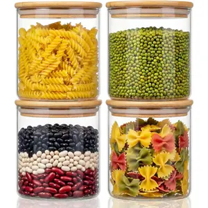 21oz - 4 Pack Glass Jars with Bamboo Lids, Glass Food Storage Containers with Airtight Lids, Air Tight Pantry Storage Containers for Coffee, Sugar, Spice, Meal Prep Jars for Salad & Fruit