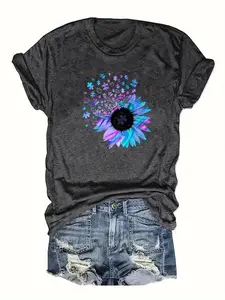 Women's Sunflower Print Round Neck Tee without Shorts, Summer Clothes Women, Casual Short Sleeve Crew Neck T-shirt for Summer & Spring, Women's Clothing for Daily Wear Top Womenswear