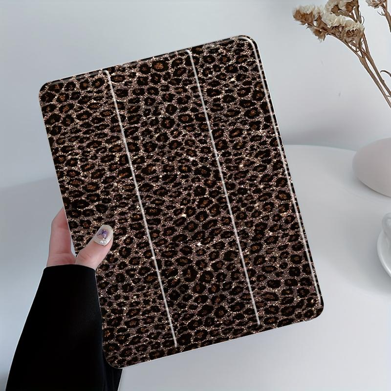 Glittery Brown Leopard Print iPad Case, Tablet Cover, Transparent Acrylic Hard Back Panel With Pencil Slot, Scratch-resistant Ultra-thin, Shock-resistant, Suitable for All iPad models, offices, schools, and homes